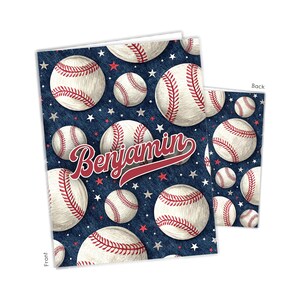 May include: Baseball-themed greeting card with a navy blue background covered in white stars and baseballs. The word "Benjamin" is written in a red script font. The back of the card also features baseballs.