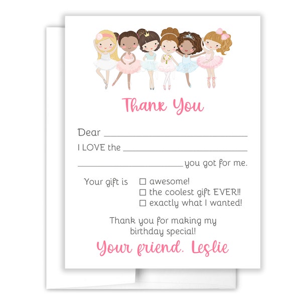 Ballerina Ballet Dance Fill In the Blank Thank You Cards Personalized • Flat Stationery Custom Printed Notecard • Birthday Party Girl Kids