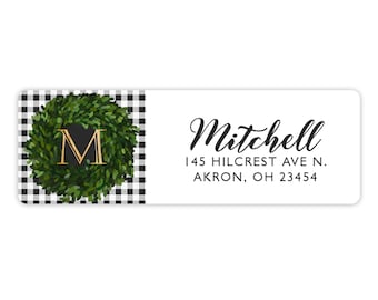 Boxwood Wreath Farmhouse Return Address Labels • Personalized Custom Favor Self Adhesive Sticker • Christmas Bridal Wedding Invitations