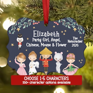 May include: A dark blue, scalloped-edge Christmas ornament featuring a nutcracker, a party girl, an angel, a Chinese character, a mouse, and a flower character. The text reads Elizabeth, Party Girl, Angel, Chinese, Mouse & Flower, The Nutcracker 2026.