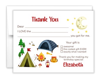 Camping Camp Slumber Fill In the Blank Thank You Cards Personalized • Flat Stationery Custom Printed Notecard • Birthday Party Boy Girl Kids