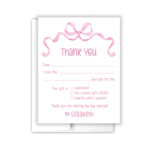 Bow Coquette Pink Fill In the Blank Lined Thank You Cards Personalized Flat Stationery Custom Printed Notecard Birthday Party Boy Girl Kids