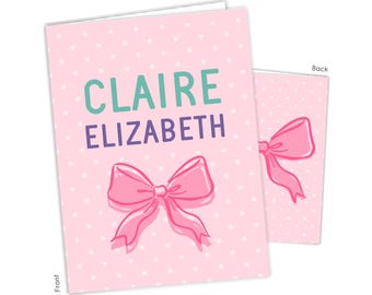 Pink Coquette Bow Bows Personalized Folder 2 Pocket Back to School Supplies Custom Office Birthday Gift Holiday Girl Kids Teal Purple Blue