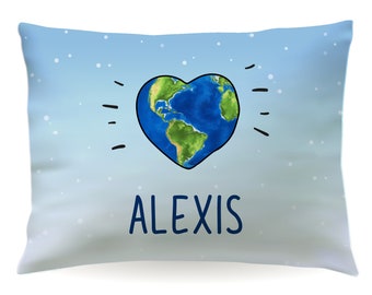 Personalized Heart Earth World Globe Pillowcase Custom Pillow Case Cover 20x30 Toddler 13x18 Birthday Gift Kids Girl Boy Holiday Christmas