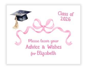 Pink Coquette Bow Bows Sign Graduation Party Advice Wish Wishes Cards Personalized Stationery Custom Open House Decorations Graduate Decor