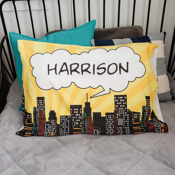 Personalized Superhero Pillowcase Super Hero Custom Pillow Case Cover 20x30 Toddler 13x18 Birthday Gift Kids Children Girl Boy Christmas >