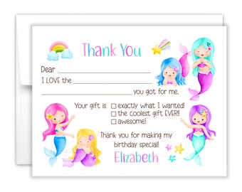 Mermaid Rainbow Fill In the Blank Thank You Cards Personalized • Flat Stationery Custom Printed Notecard • Birthday Party Boy Girl Kids
