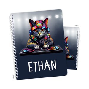 Cat Kitten DJ Rainbow Personalized Notebook Sketchbook • Custom Birthday Gift Back to School Supplies Holiday Christmas Girl Boy Kids