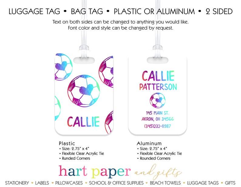 Soccer Ball Rainbow Heart Personalized Luggage Bag Tag \u2022 Plastic Aluminum Custom Travel Birthday Girl Gift Back to School Supplies Backpack