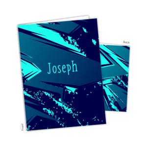 May include: A blue and turquoise abstract design with the name Joseph printed in white on the front. The back of the card has a similar design.