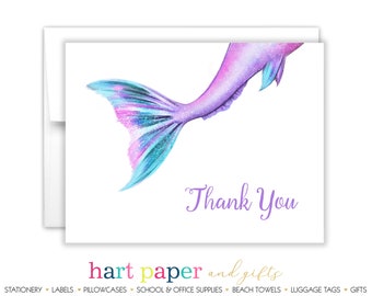 Rainbow Mermaid Tail Faux Glitter Thank You Personalized Cards • Flat Folded Stationery Custom Printed Notecard • Birthday Party Baby Shower