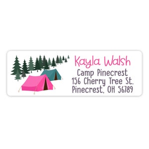 Summer Camp Camping Tent Return Address Labels Personalized Custom Printed Self Adhesive Sticker • Cheer Scout Church Care Package Girl Boy