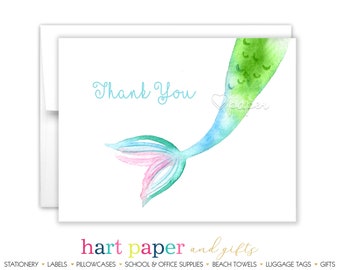 Mermaid Tail Thank You Personalized Cards • Folded Flat Card Stationery Custom Printed Notecard • Birthday Party Baby Shower  Boy Girl Kids