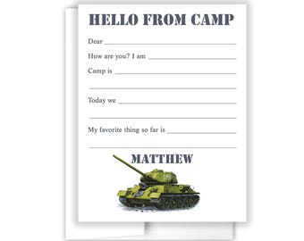 Army Tank Military Camp News Camping Note Personalized Cards Summer Scout Lined Fill in Blank Flat Stationery Custom Package Gift Girl Boy