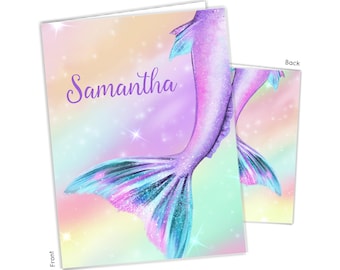 Rainbow Mermaid Tail Personalized Folder 2 Pocket • Back to School Supplies Custom Office • Birthday Gift Holiday Girl Boy Kids Christmas