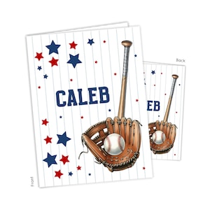 May include: A baseball-themed card with a white background and blue and red stars. The card has a baseball glove, bat, and ball. The name "Caleb" is printed on the front of the card.