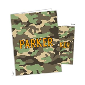 May include: A rectangular card featuring a camouflage pattern in shades of dark brown, olive green, and tan. The front displays the name PARKER in bold, orange, distressed-style lettering. A smaller view of the back shows the same pattern.