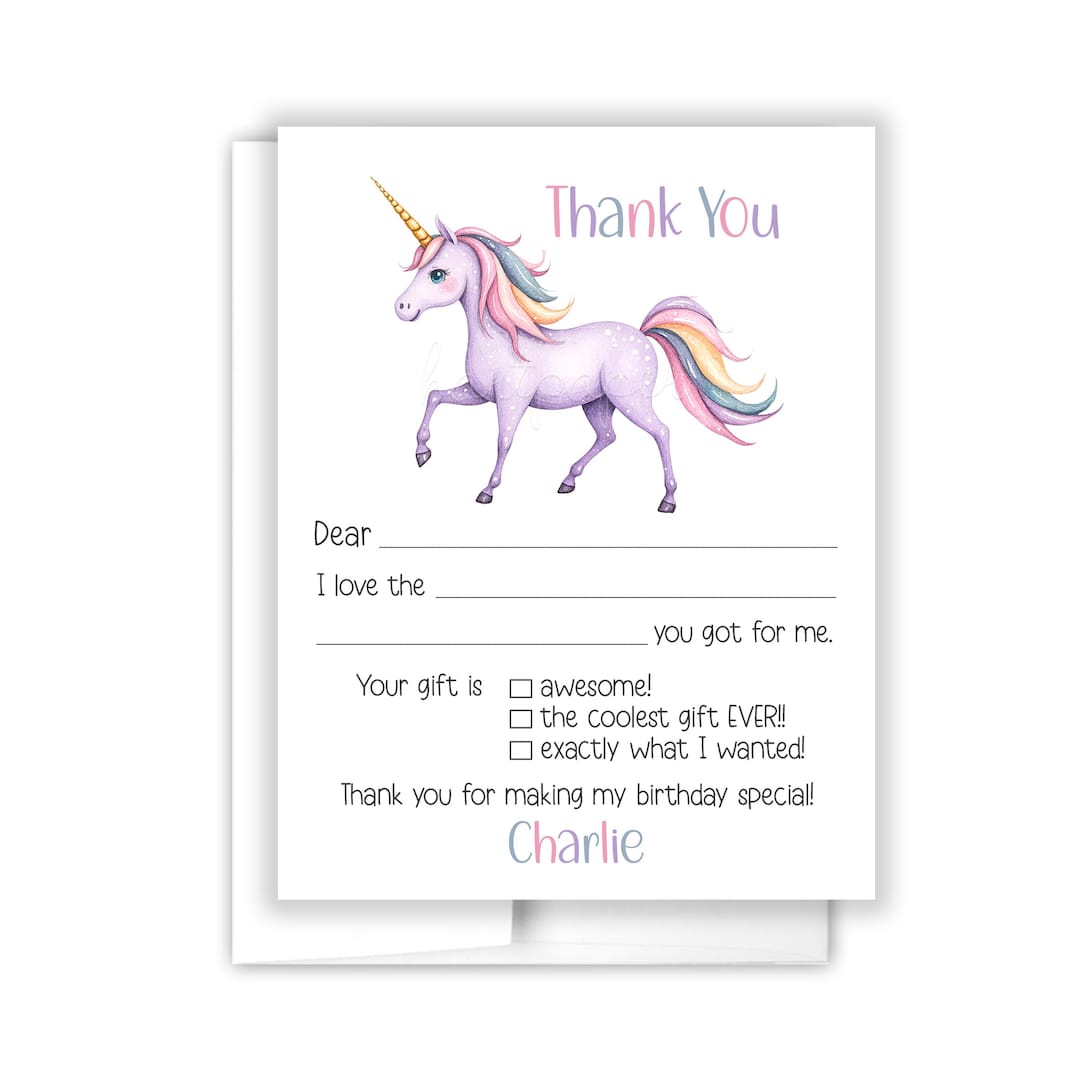 Rainbow Unicorn Purple Fill in the Blank Lined Thank You Cards ...