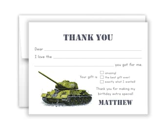 Military Army Tank Fill In the Blank Thank You Cards Personalized • Flat Stationery Custom Printed Notecards • Birthday Party Kids Boy