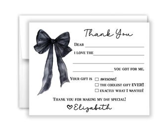 Bow Coquette Black Fill In the Blank Lined Thank You Cards Personalized Flat Stationery Custom Printed Notecard Birthday Party Boy Girl Kids