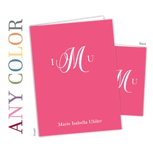 May include: Pink notepad with a white monogram "I M U" and the name "Marie Isabella Uhler" printed on the front. The back of the notepad has the monogram "M U" printed in white.