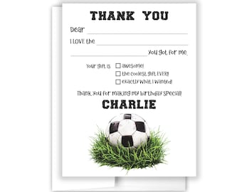 Soccer Sport Sports Fill the Blank Lined Thank You Cards Personalized Flat Stationery Custom Notecard Birthday Party Boy Girl Kids