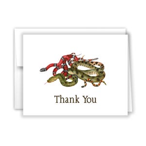 May include: Thank you card with a colorful illustration of snakes intertwined. The snakes are red, green, and black.