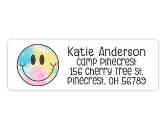 Happy Tie Dye Summer Camp Camping Return Address Labels Personalized Custom Printed Self Sticker • Cheer Scout Church Care Package Girl Boy