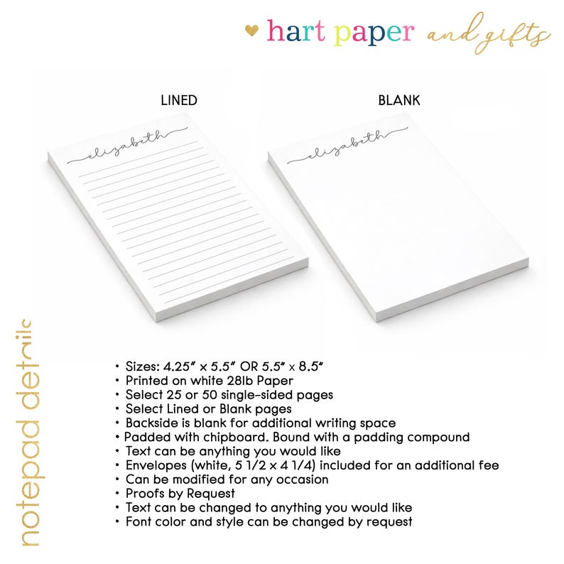Puede incluir: Dos blocs de notas rectangulares blancos, uno rayado y otro en blanco, ambos con el nombre Elizabeth en letra cursiva negra en la parte superior. El texto hart paper and gifts aparece arriba, con una lista de detalles que incluye tama&ntilde;os de 4,25 pulgadas por 5,5 pulgadas o 5,5 pulgadas por 8,5 pulgadas.