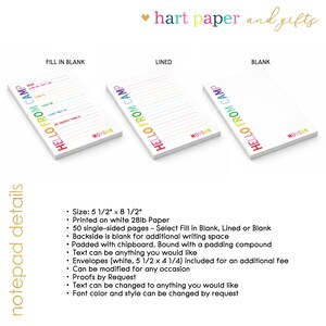 May include: Three white paper notepads measuring 5 1/2 inches by 8 1/2 inches. Each features the rainbow-colored text HELLO FROM CAMP and the name MORGAN. The styles include fill-in-the-blank, lined, and blank pages with 50 single-sided sheets.