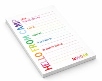 Rainbow Hello from Camp Notepad Personalized Fill Blank Lined Camping Summer Scout Note Stationery Custom Care Package Gift Girl Boy