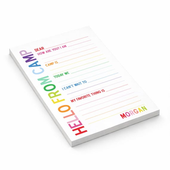 Rainbow Hello from Camp Notepad Personalized Fill Blank Lined Camping Summer Scout Note Stationery Custom Care Package Gift Girl Boy