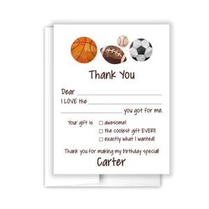 Sports Basketball Football Baseball Soccer Thank You Cards Personalized Fill in Blank Flat Card Stationery Custom Notecard Birthday Party