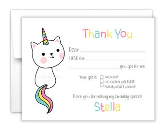 Caticorn Cat Unicorn Rainbow Fill In the Blank Thank You Cards Personalized • Flat Stationery Custom Printed Notecard • Birthday Party Kids