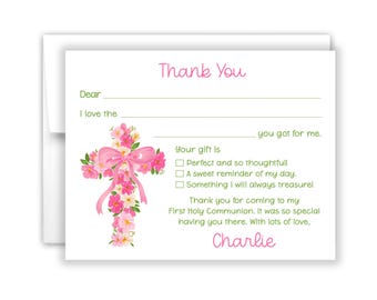 Flower Pink Cross Fill In the Blank Thank You Cards Personalized Flat Card Stationery Custom Notecard Girl Kids First Holy Communion Baptism