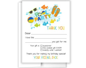 Pool Party Swimming Fill In the Blank Thank You Cards Personalized • Flat Stationery Custom Printed Notecard • Birthday Party Boy Girl Kids