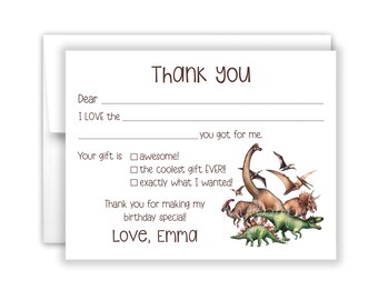 Dinosaur T Rex Fill In the Blank Thank You Cards Personalized • Flat Stationery Custom Printed Notecard • Birthday Party Boy Girl Kids
