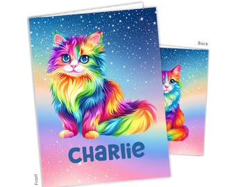 Rainbow Cat Kittens Stars Personalized Folder 2 Pocket • Back to School Supplies Custom Office Birthday Gift Holiday Girl Boy Kids Christmas