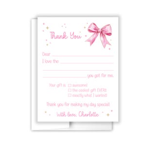 Bow Coquette Pink Fill In the Blank Thank You Cards Personalized Flat Stationery Custom Printed Notecard • Birthday Party Boy Girl Kids