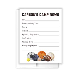 May include: A printable camp news template with a brown title "CARSON'S CAMP NEWS" and a list of questions for a camper to answer. The template is decorated with a colorful illustration of various sports balls.