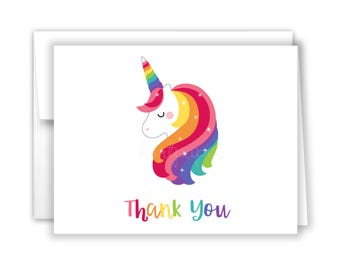 Rainbow Unicorn Thank You Personalized Cards • Folded Flat Card Stationery Custom Printed Notecard Birthday Party Baby Shower Boy Girl Kids