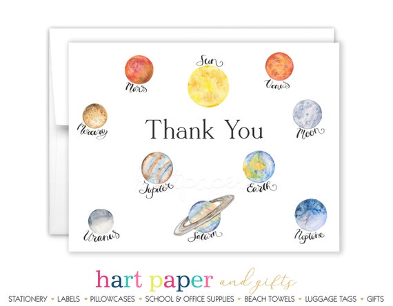 Galaxy Planets Outer Space Solar System Thank You Cards Folded Flat Stationery Personalized Custom Printed Notecard Birthday Baby Shower