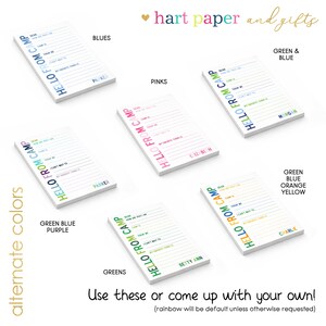 May include: Five rectangular stationery notepads with the printed text HELLO FROM CAMP and lines for writing. Each notepad features a unique color scheme and a personalized name at the bottom, including Parker, Elizabeth, Morgan, Betty Ann, and Charlie.
