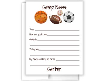 Sports Balls Camp News Camping Note Personalized Cards Summer Scout Lined Fill in Blank Flat Stationery Custom • Care Package Gift Girl Boy