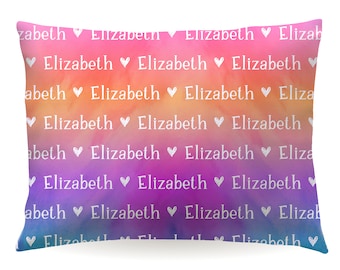 Personalized Rainbow Repeat Name Hearts Pillowcase • Custom Pillow Case Cover 20x30 Toddler 13x18 • Birthday Gift Kids Children Girl Boy