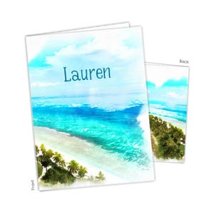 May include: A rectangular greeting card featuring a watercolor-style beach scene with turquoise ocean waves, white sand, and green palm trees. The front of the card displays the name Lauren in blue text, while the back shows the same coastal landscape.