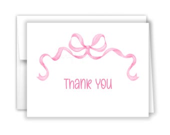 Pink Bow Coquette Ribbon Thank You Personalized Cards Folded Flat Stationery Custom Printed Notecard Baby Shower Bridal Wedding Birthday