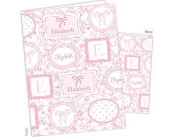 Pink Toile Coquette Bow Chinoiserie Flowers Personalized Folder 2 Pocket Back School Supplies Custom Office Birthday Gift Holiday Girl Kids