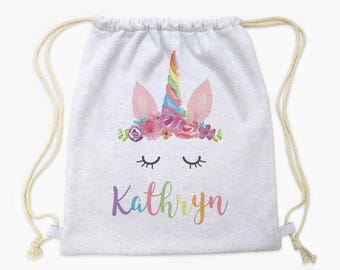 Rainbow Unicorn Horn Drawstring Backpack Bag • Personalized Custom Cinch Bag Tote • Girl Boy Birthday Care Package Gift