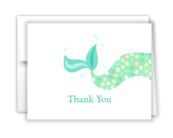 Mermaid Tail Thank You Personalized Cards • Folded Flat Card Stationery Custom Printed Notecard • Birthday Party Baby Shower Boy Girl Kids